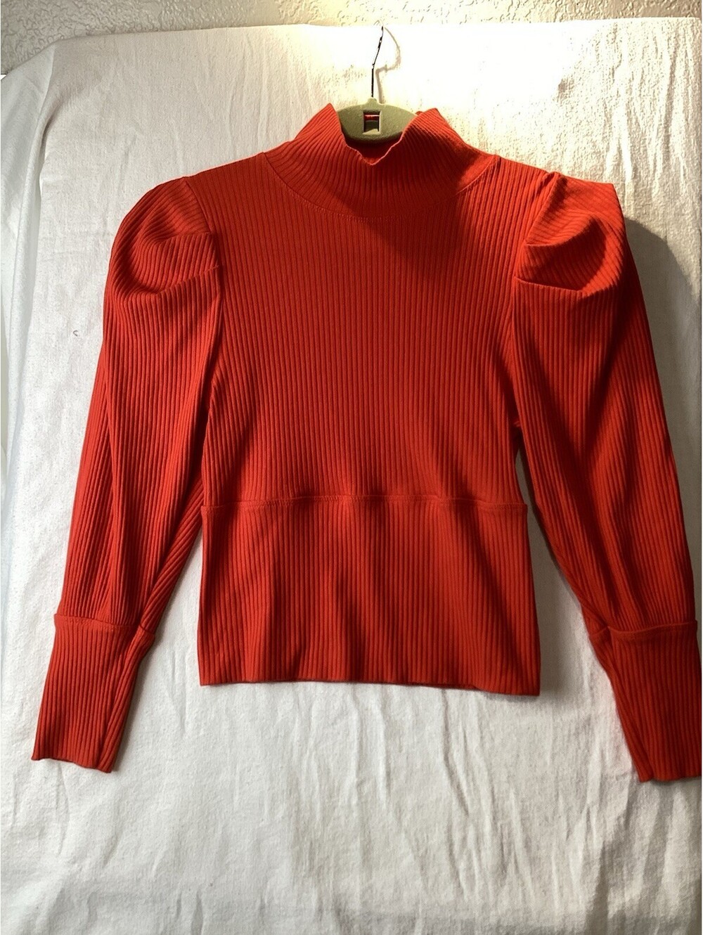 Free People Candy Red Ribbed Mock Neck Puff Sleeve Top Medium NWT Stretch Fitted
